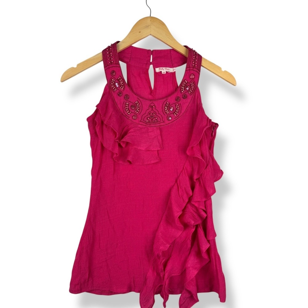 Hot Pink Beaded Ruffle Halter Top Womens Size Small Coquette Feminine Ethereal